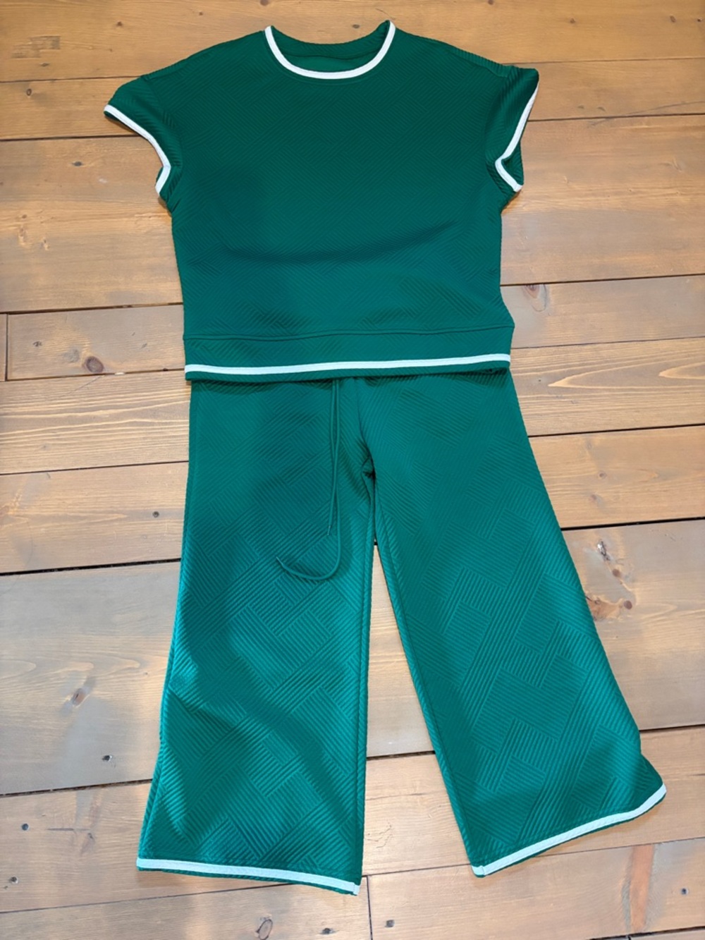 Green Two-Piece Knit Set with White Trim